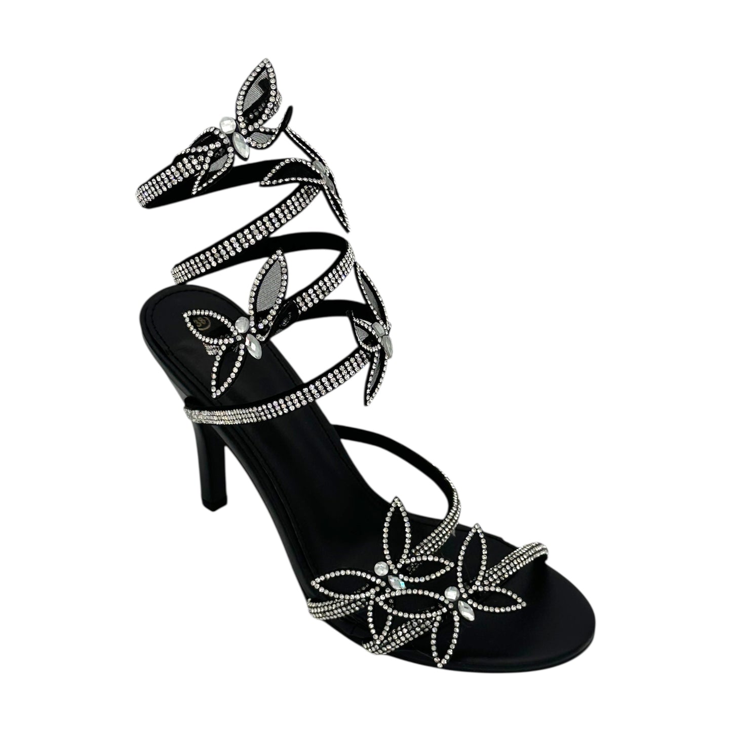 ALTA MODA Women's High Heel Sandals with Rhinestones &amp; Butterfly Decoration Black