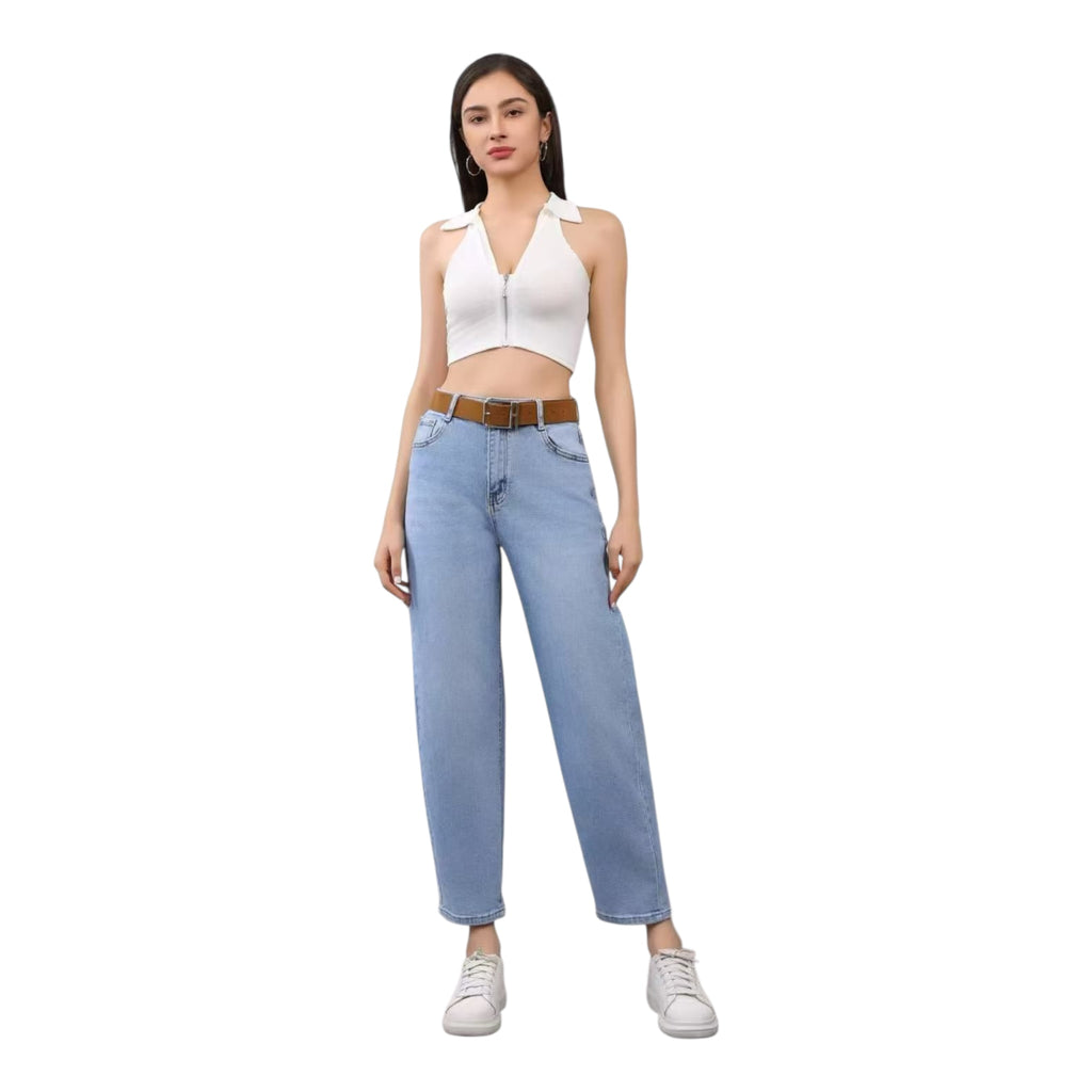 Miss Good Γυναικείο Τζιν Παντελόνι Tapered με Ζώνη Μπλε - Angel shopping