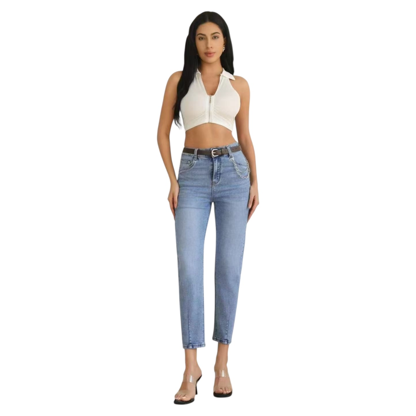 Miss Good Women's Mom Fit Jeans with Belt & Chain Blue
