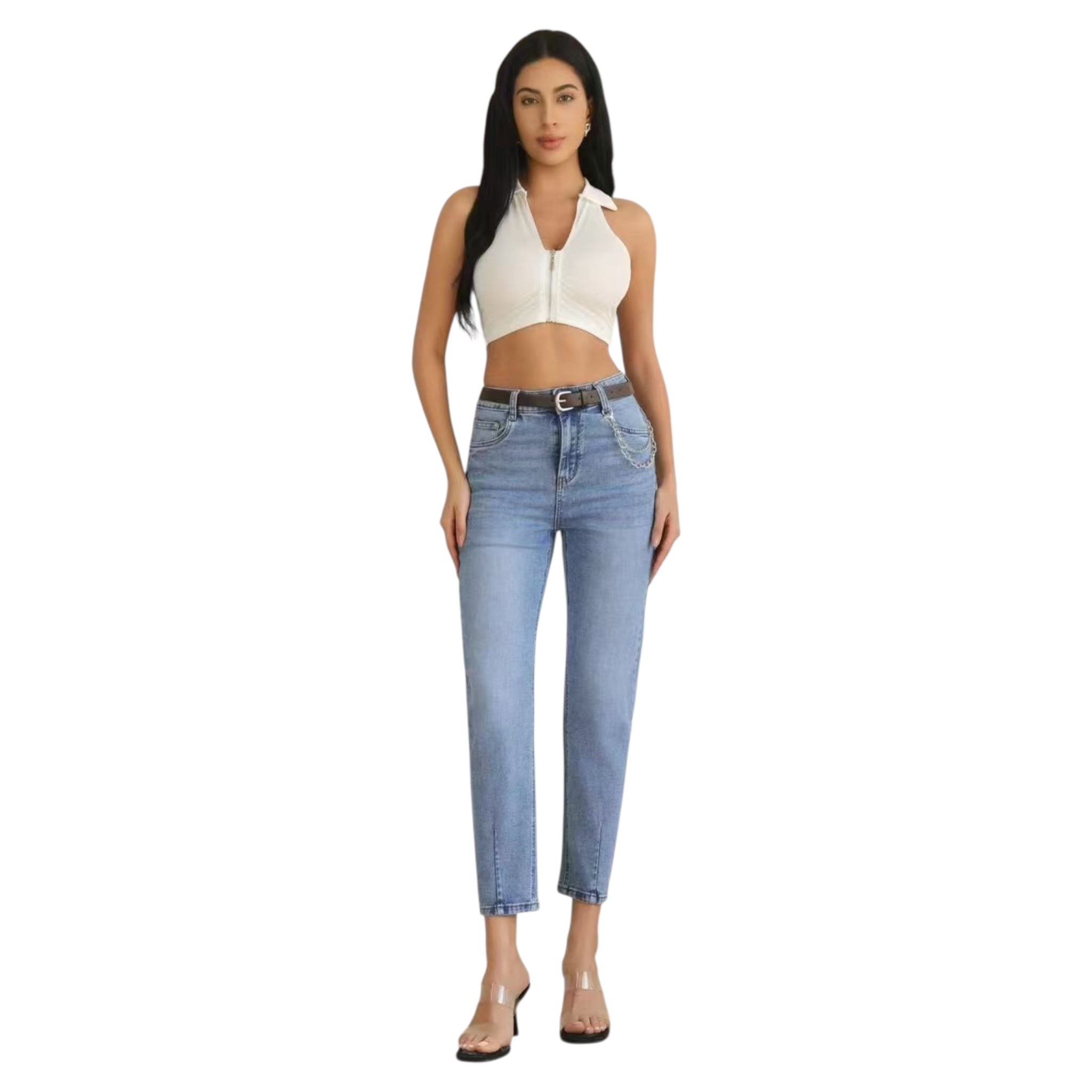 Miss Good Γυναικείο Τζιν Παντελόνι Mom Fit με Ζώνη & Αλυσίδα Μπλε - Angel shopping