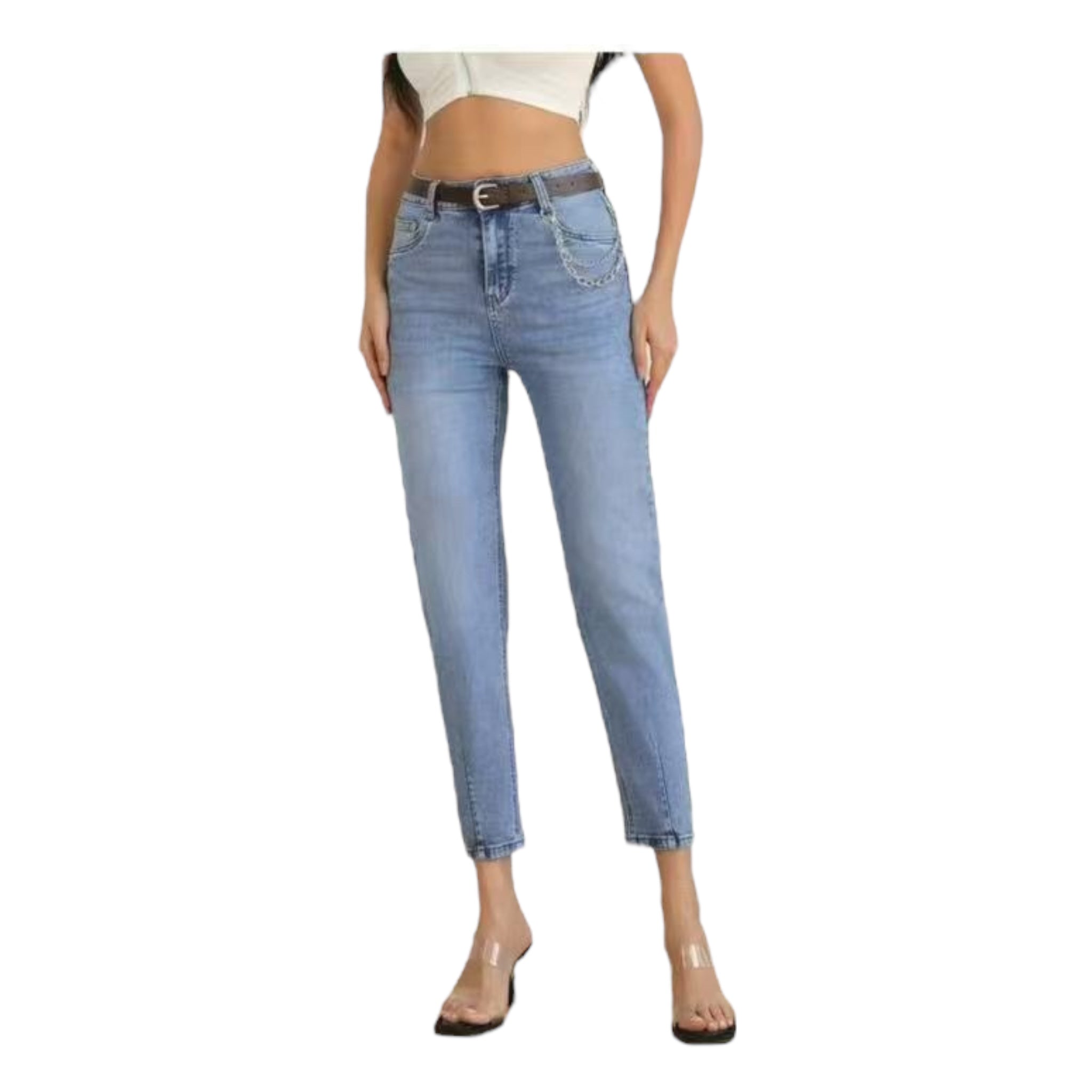Miss Good Γυναικείο Τζιν Παντελόνι Mom Fit με Ζώνη & Αλυσίδα Μπλε - Angel shopping