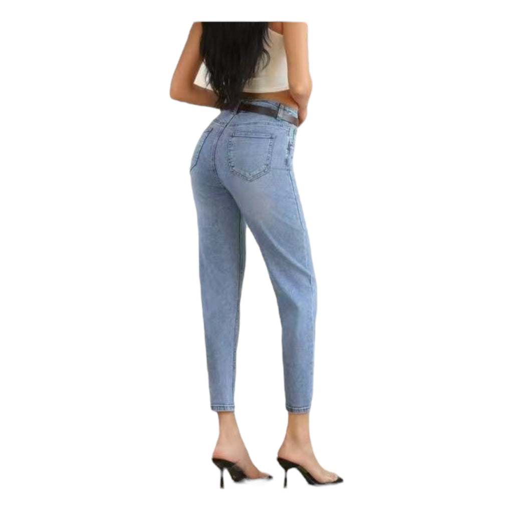 Miss Good Γυναικείο Τζιν Παντελόνι Mom Fit με Ζώνη & Αλυσίδα Μπλε - Angel shopping