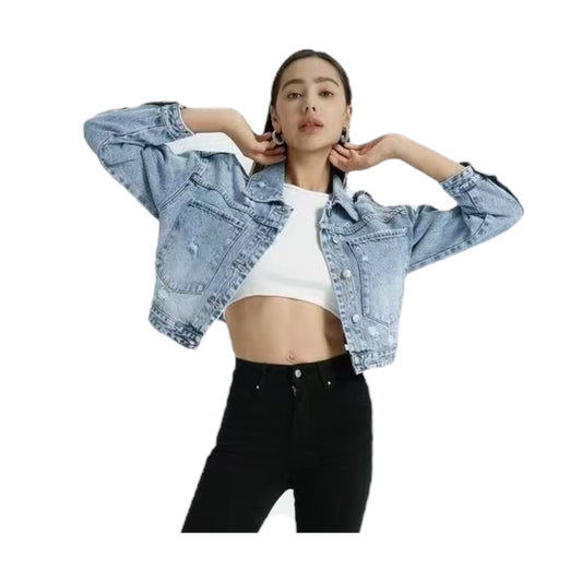Miss Bonbon Γυναικείο Κοντό Τζιν Μπουφάν με Φθορές & Τσέπες Μπλε