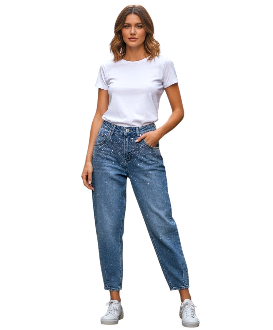 ADORO Women's Balloon Jean Pants with Rhinestones Blue