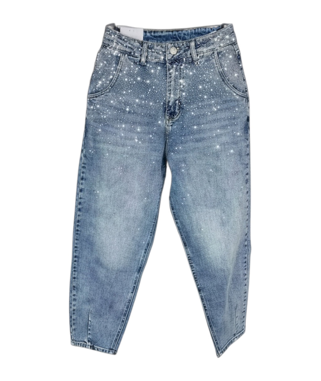 ADORO Women's Balloon Jean Pants with Rhinestones Blue