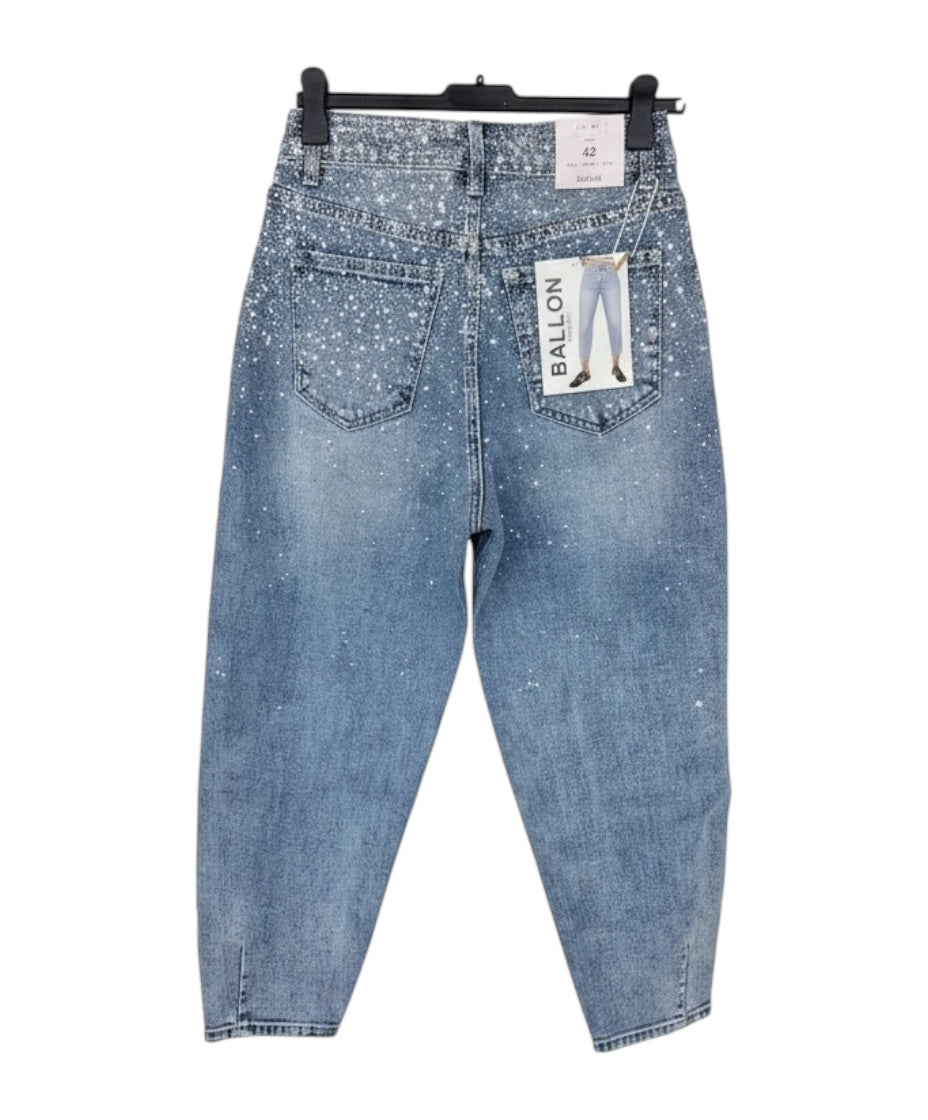 ADORO Women's Balloon Jean Pants with Rhinestones Blue