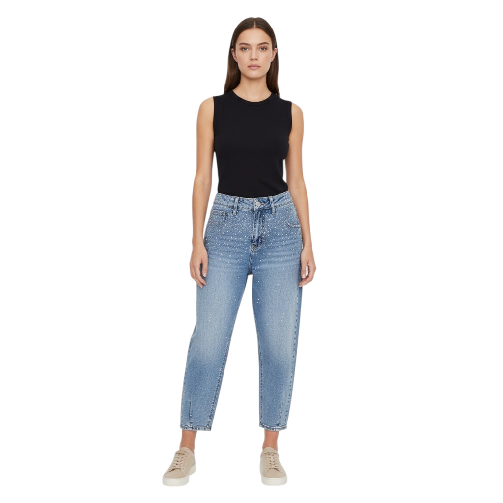 ADORO Women's Balloon Jean Pants with Rhinestones Blue