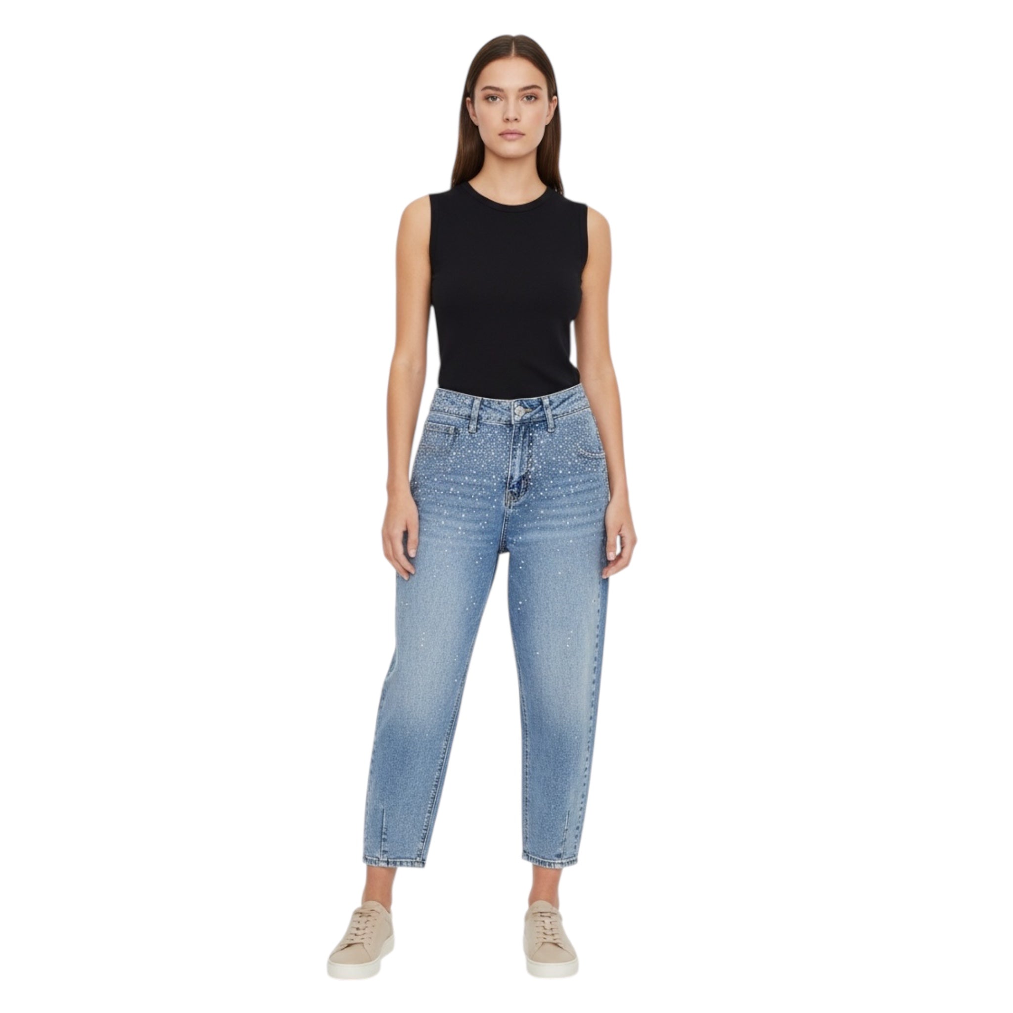 ADORO Women's Balloon Jean Pants with Rhinestones Blue