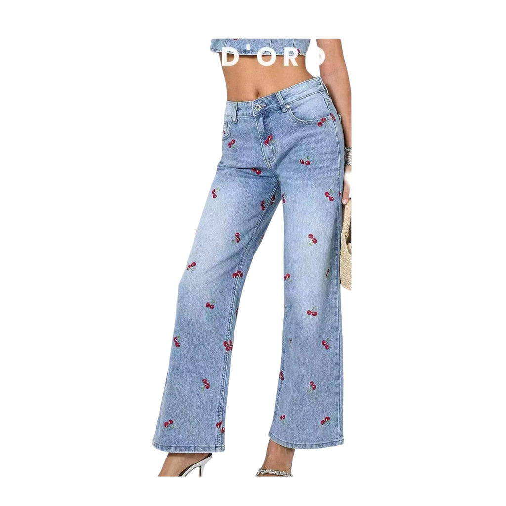 ADORO Women's Wide Leg Jeans Cherries Blue