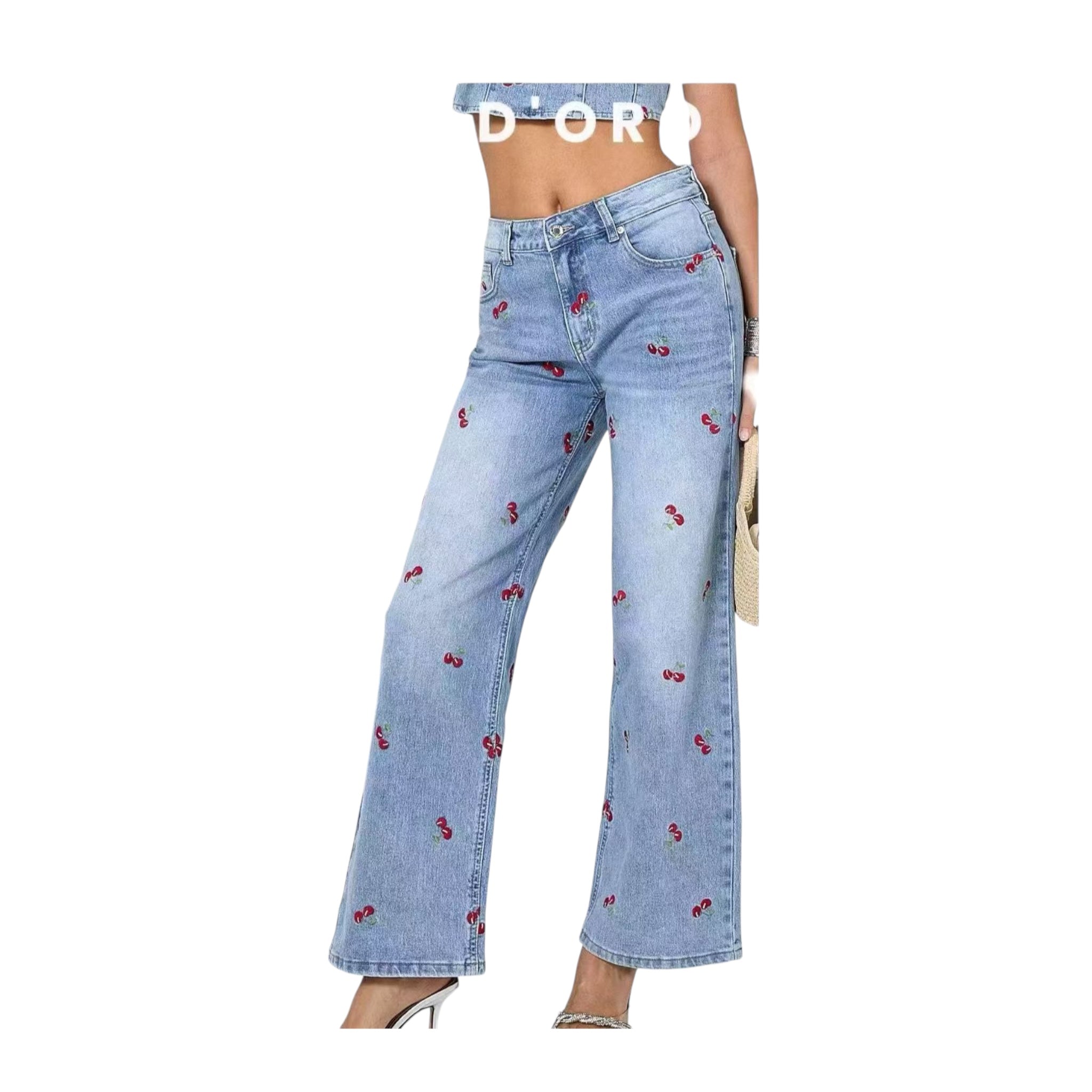 ADORO Women's Wide Leg Jeans Cherries Blue