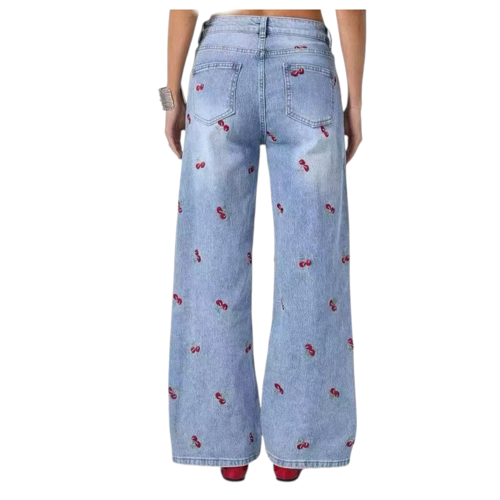 ADORO Women's Wide Leg Jeans Cherries Blue