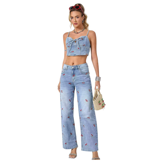 ADORO Γυναικείο Τζιν Παντελόνι Wide Leg Κεράσια Μπλε