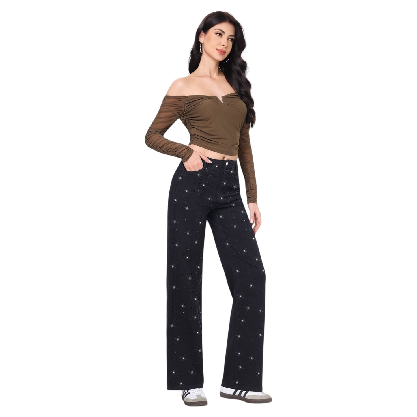 MISS SISTER  Γυναικείο Jean Παντελόνι Wide Leg με Strass Μαύρο