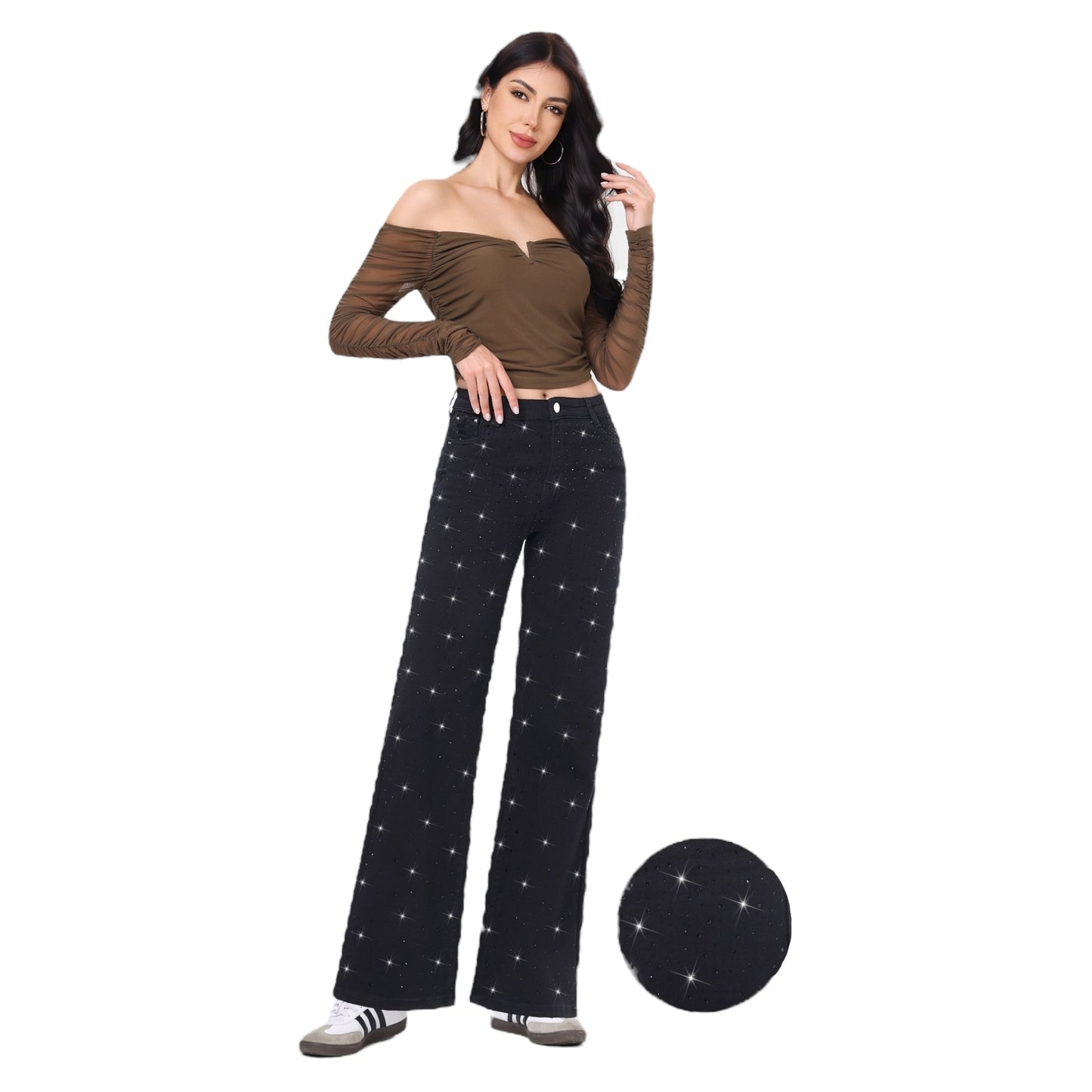 MISS SISTER  Γυναικείο Jean Παντελόνι Wide Leg με Strass Μαύρο