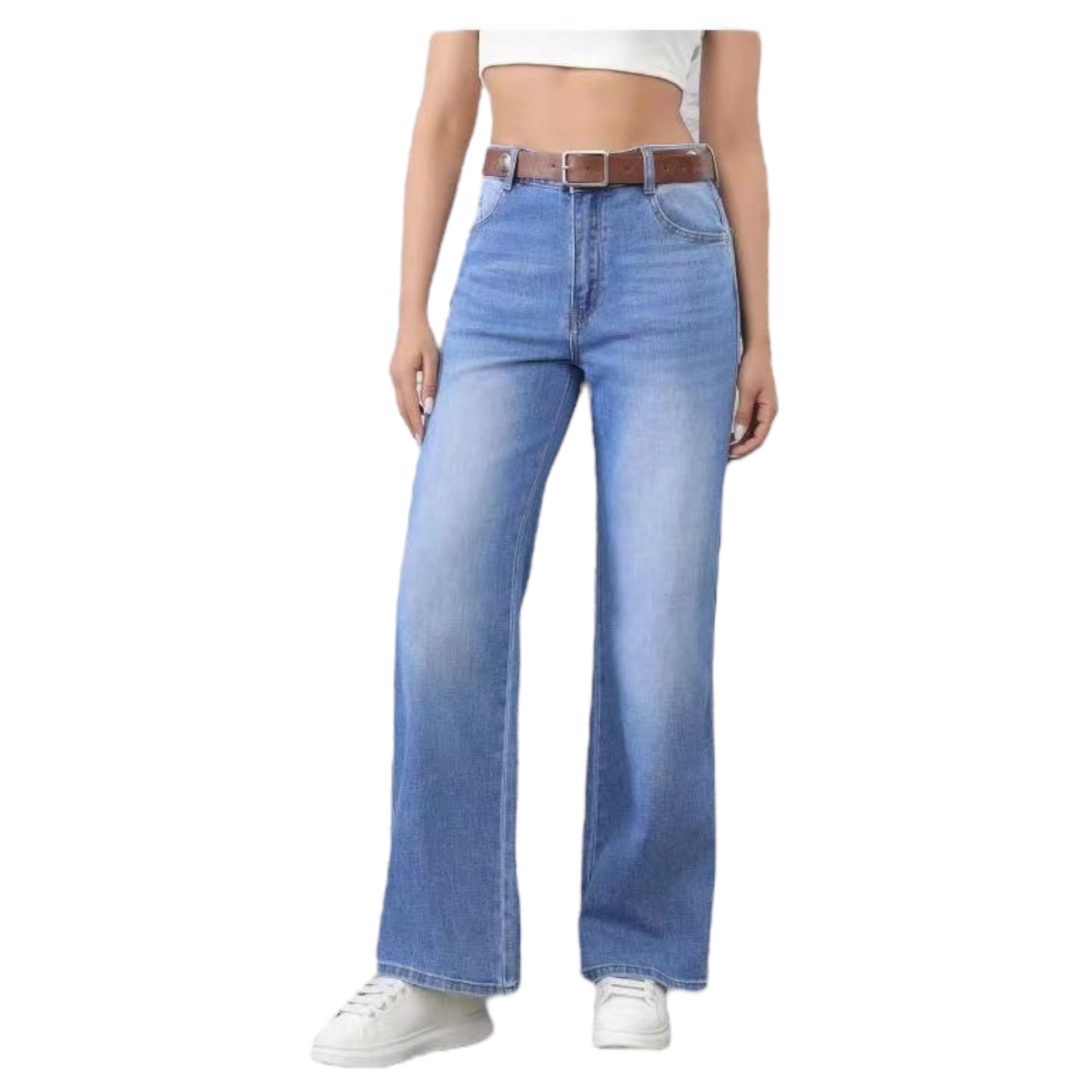 MISS GOOD Γυναικείο Ψηλόμεσο Jean Παντελόνι σε Γραμμή Wide Leg με Ζώνη Μπλε