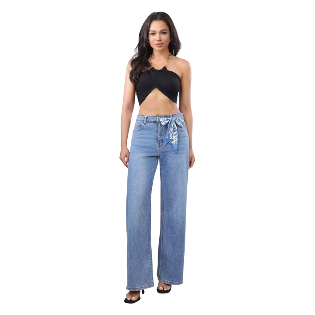 MISS GOOD Γυναικείο Ψηλόμεσο Jean Παντελόνι σε Γραμμή Wide Leg Μπλε