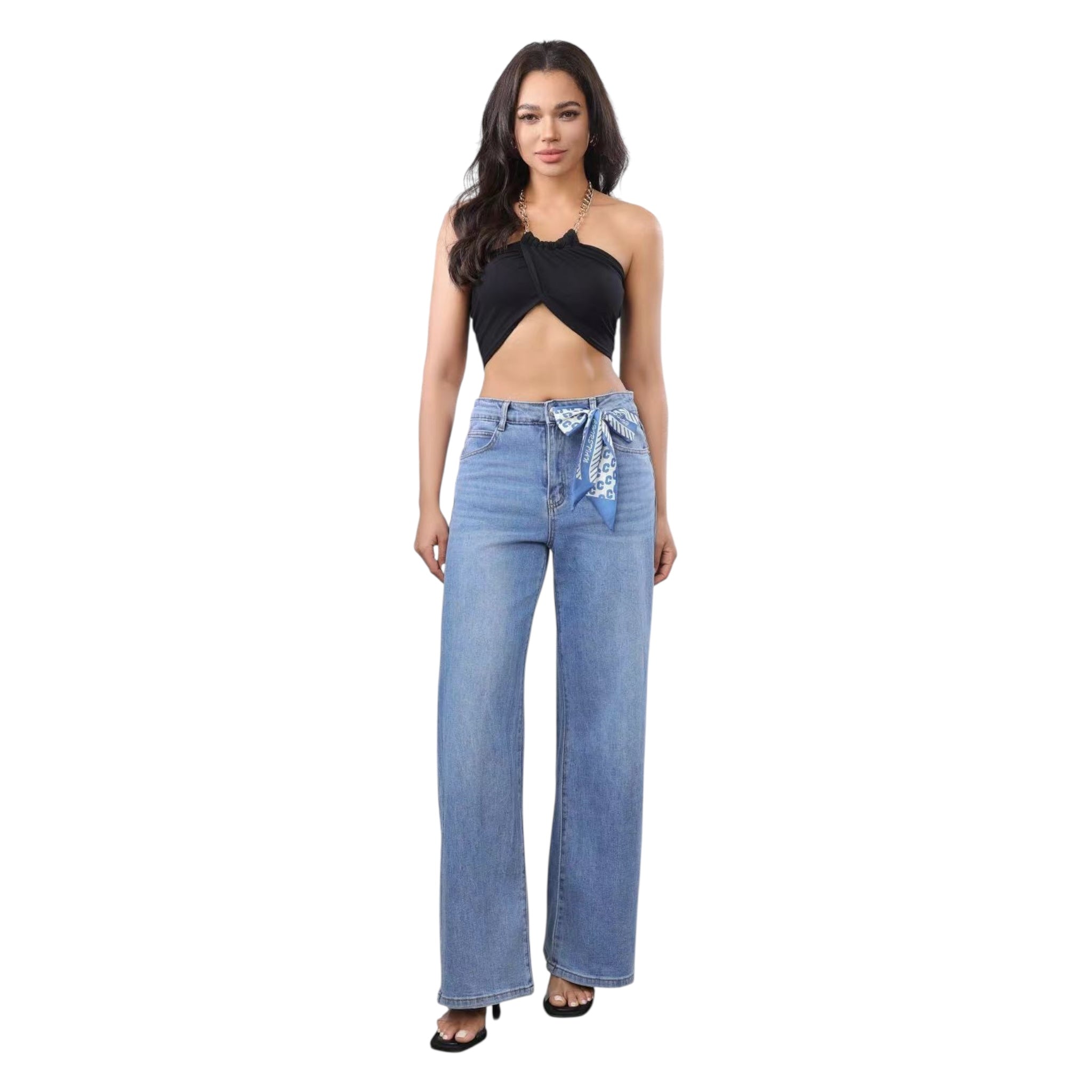 MISS GOOD Γυναικείο Ψηλόμεσο Jean Παντελόνι σε Γραμμή Wide Leg Μπλε