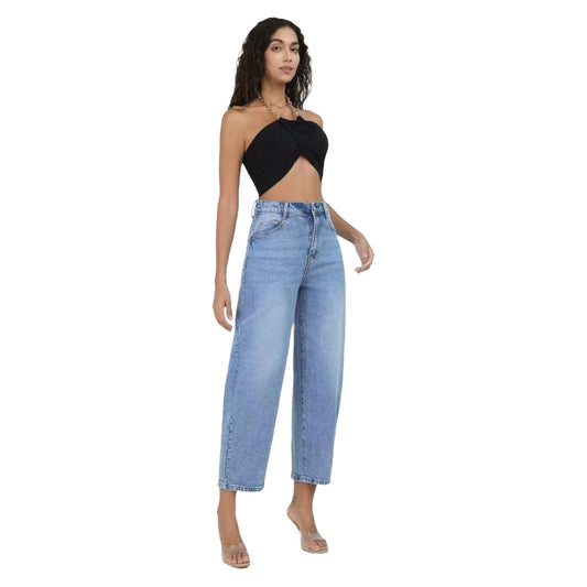 MISS GOOD Γυναικείο Ψηλόμεσο Jean Παντελόνι σε Γραμμή Tapered Μπλε