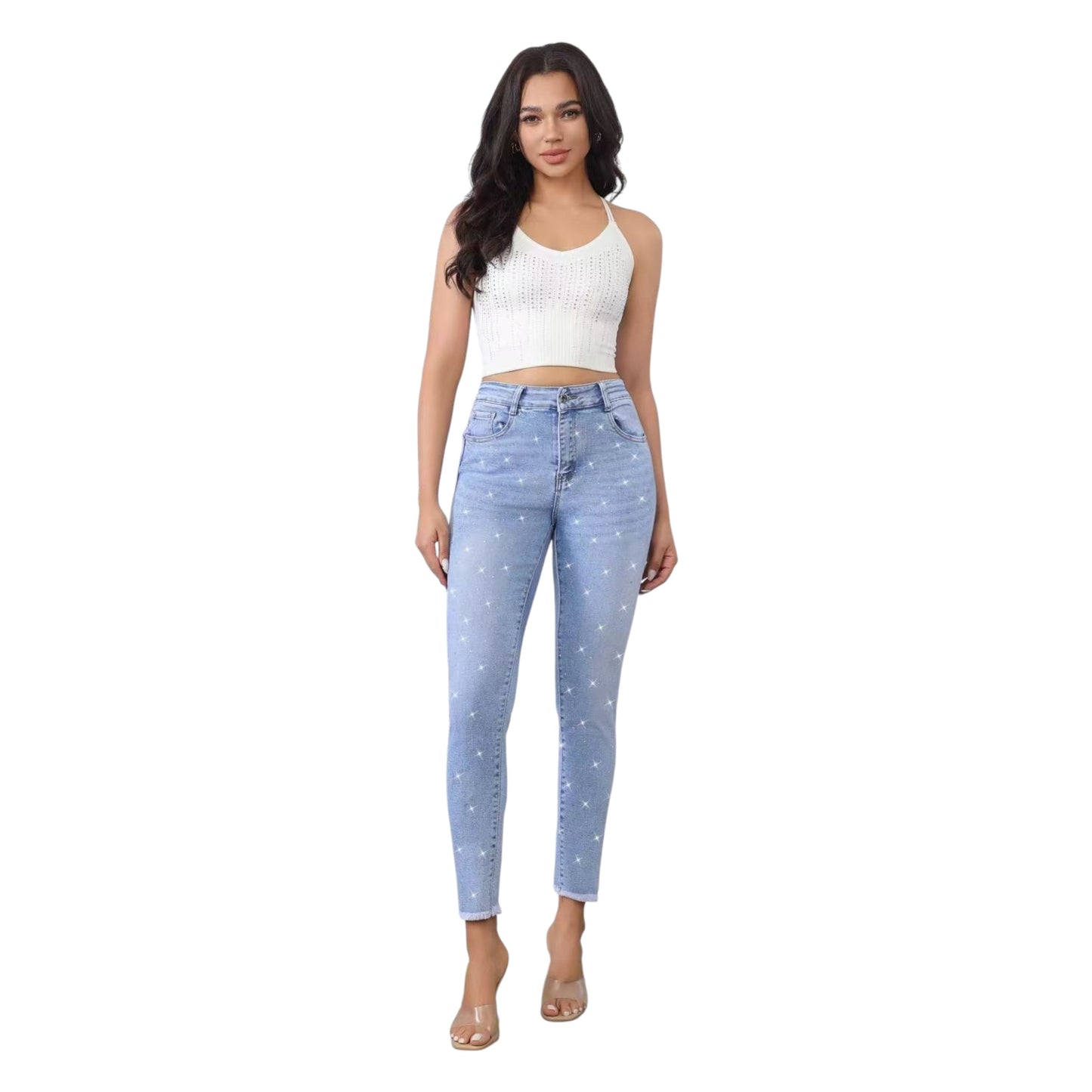 MISS GOOD Γυναικείο Ψηλόμεσο Jean Παντελόνι Push-Up με Strass σε Slim Γραμμή Μπλε