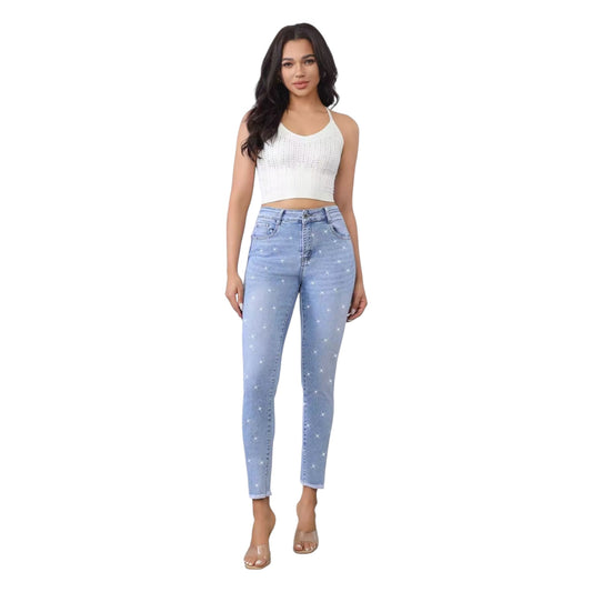 MISS GOOD Γυναικείο Ψηλόμεσο Jean Παντελόνι Push-Up με Strass σε Slim Γραμμή Μπλε