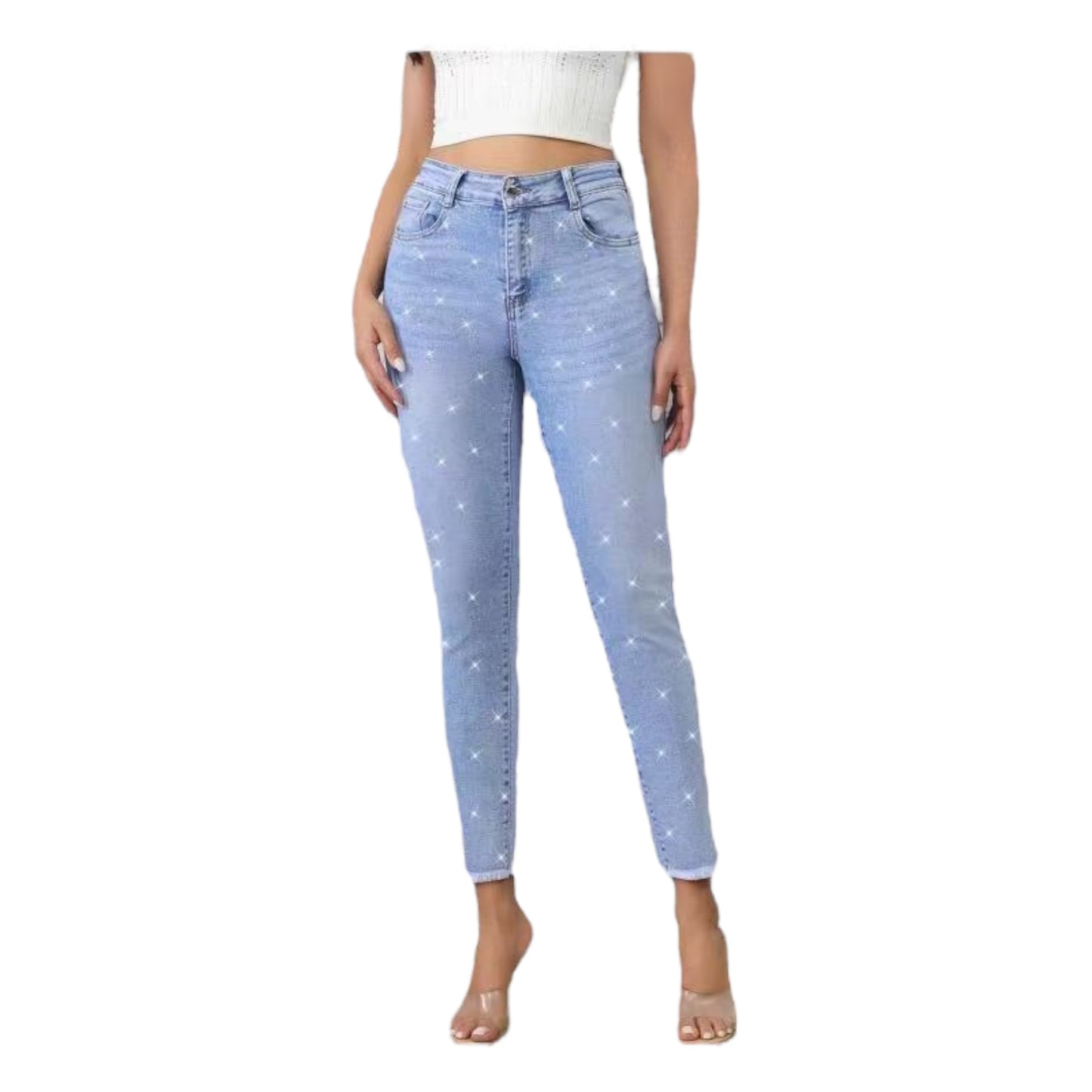 MISS GOOD Γυναικείο Ψηλόμεσο Jean Παντελόνι Push-Up με Strass σε Slim Γραμμή Μπλε