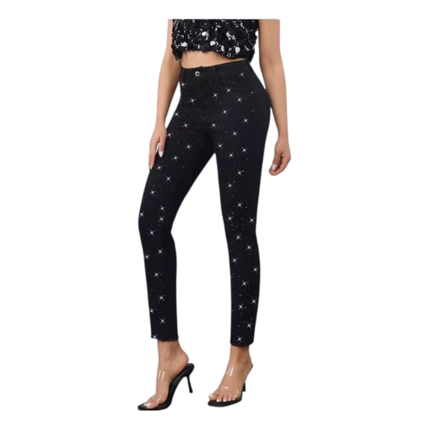 MISS GOOD Γυναικείο Ψηλόμεσο Jean Παντελόνι Push-Up με Strass σε Slim Γραμμή Μαύρο