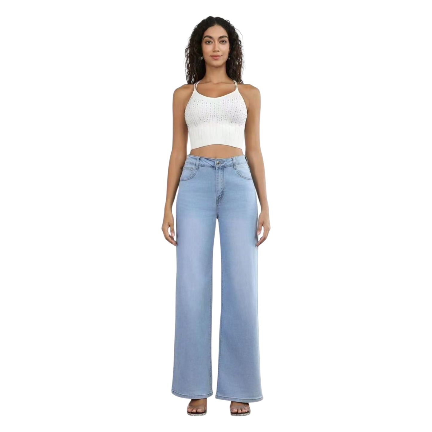 MISS GOOD Γυναικείο Ψηλόμεσο Jean Παντελόνι σε Φαρδιά Ισια Γραμμή Μπλε