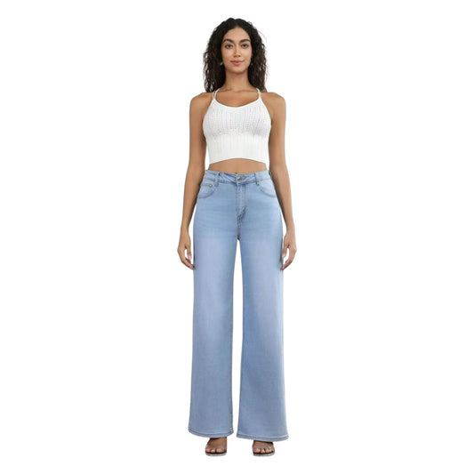 MISS GOOD Γυναικείο Ψηλόμεσο Jean Παντελόνι σε Φαρδιά Ισια Γραμμή Μπλε