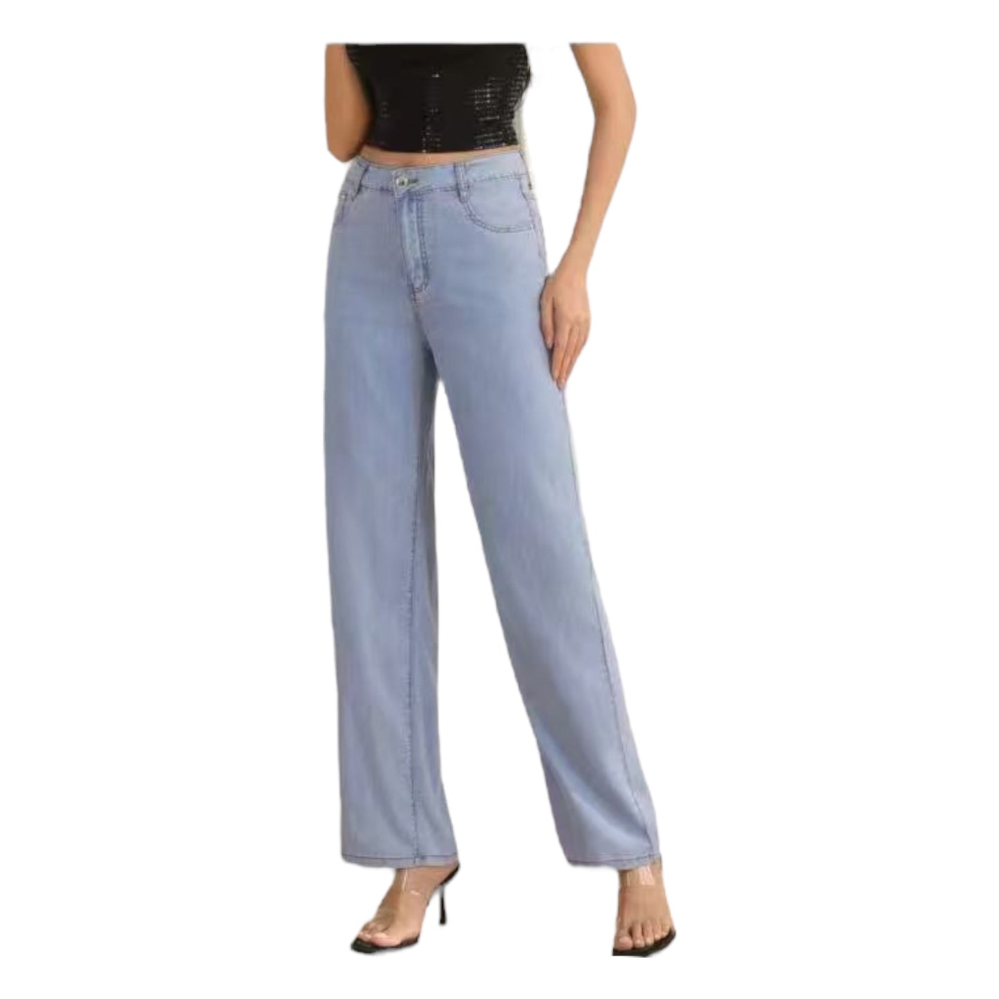 MISS GOOD Γυναικείο Ψηλόμεσο Jean Παντελόνι από Tencel σε Φαρδιά Ισια Γραμμή Μπλε