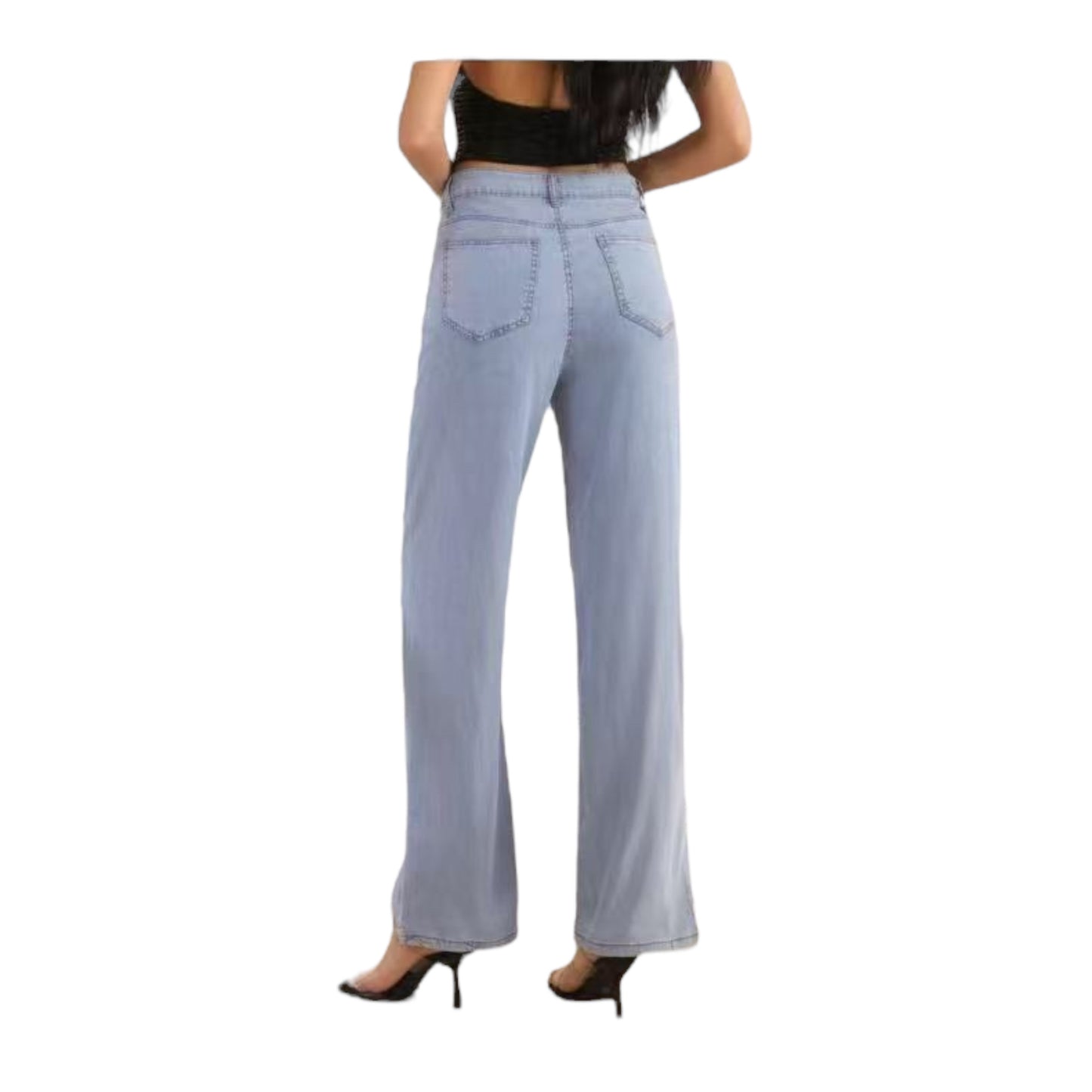 MISS GOOD Γυναικείο Ψηλόμεσο Jean Παντελόνι από Tencel σε Φαρδιά Ισια Γραμμή Μπλε