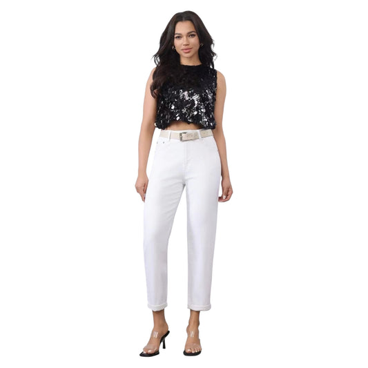 MISS GOOD Γυναικείο Jean Παντελόνι Mom Fit με Ζώνη Λευκό