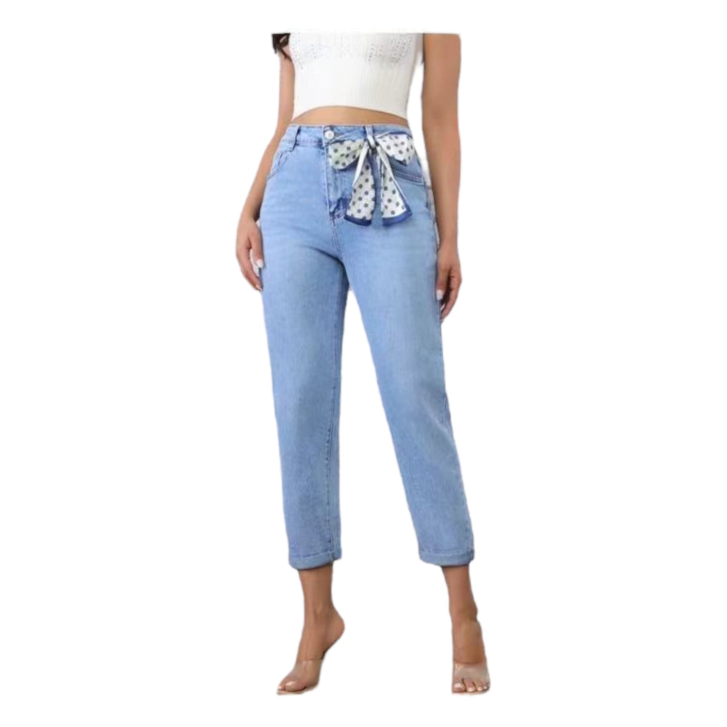MISS GOOD Γυναικείο Jean Παντελόνι Mom Fit με Διακοσμητική Κορδέλα Μπλε