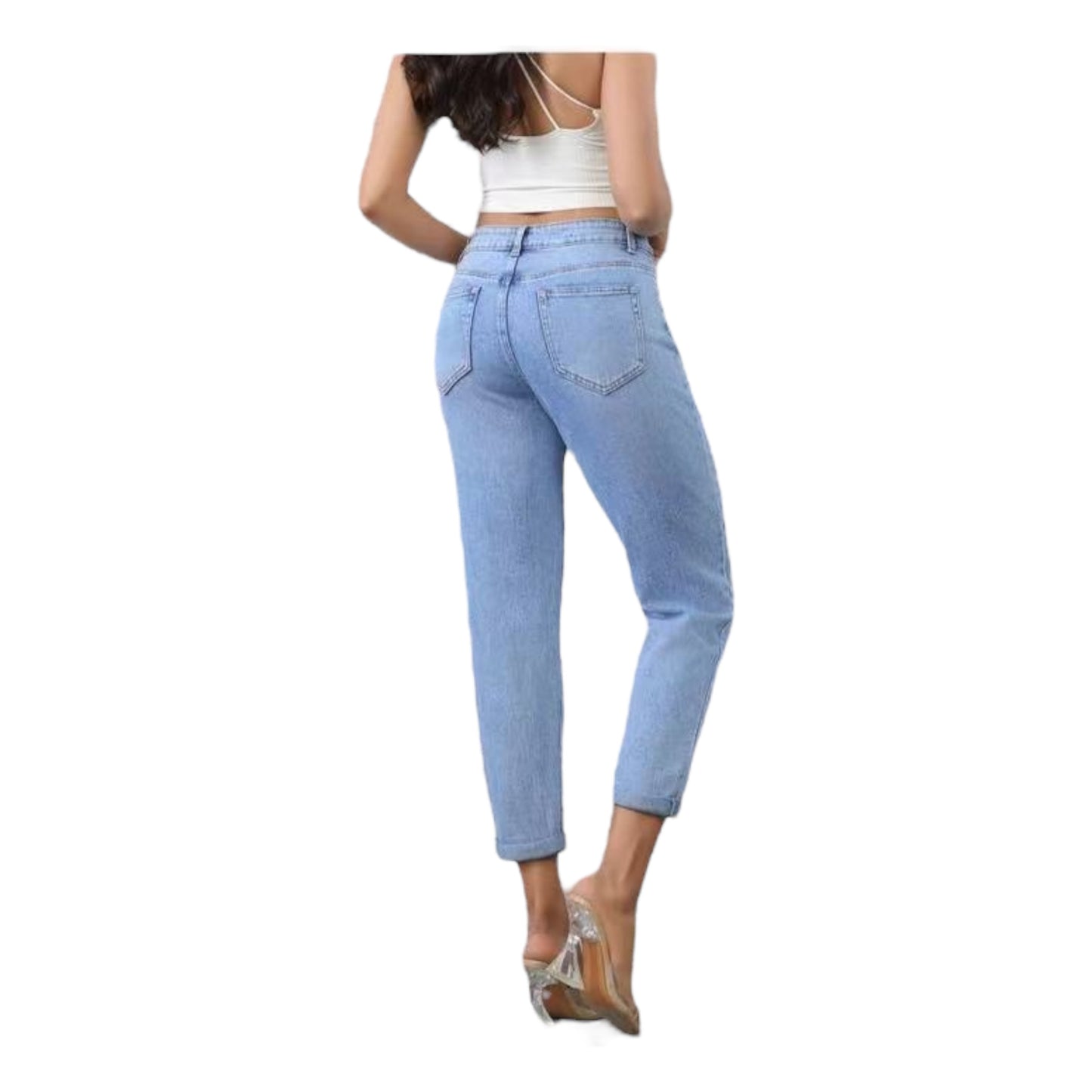 MISS GOOD Γυναικείο Jean Παντελόνι Mom Fit με Διακοσμητική Κορδέλα Μπλε