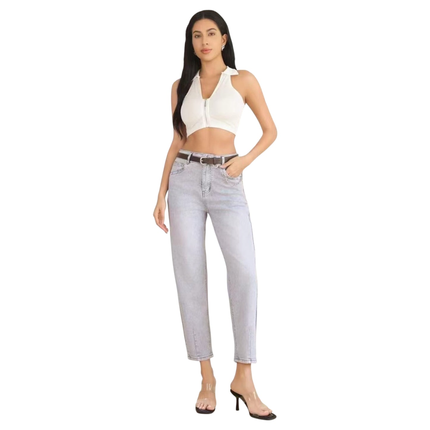 MISS GOOD Γυναικείο Jean Παντελόνι Mom Fit με Ζώνη Γκρι