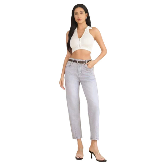 MISS GOOD Γυναικείο Jean Παντελόνι Mom Fit με Ζώνη Γκρι