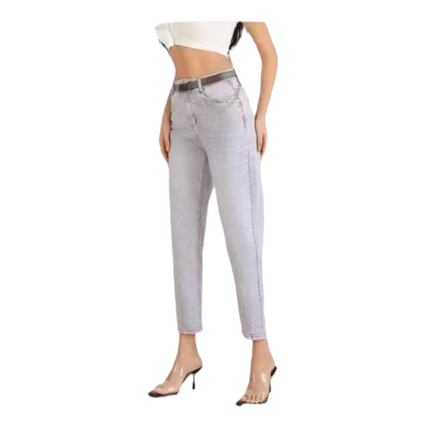 MISS GOOD Γυναικείο Jean Παντελόνι Mom Fit με Ζώνη Γκρι