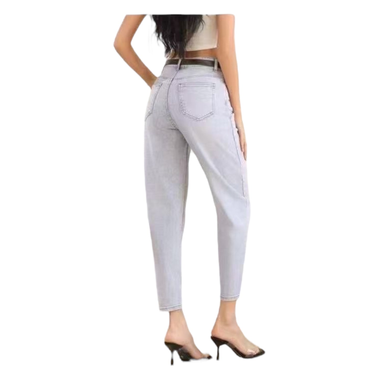 MISS GOOD Γυναικείο Jean Παντελόνι Mom Fit με Ζώνη Γκρι