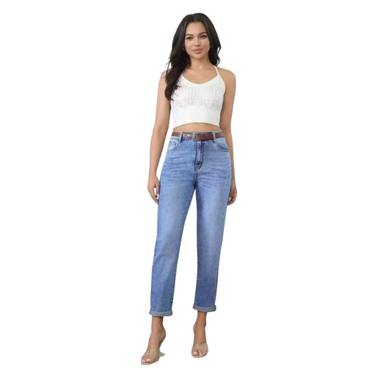 Angel Shopping Γυναικείο Jean Παντελόνι Mom Fit με Ζώνη Μπλε