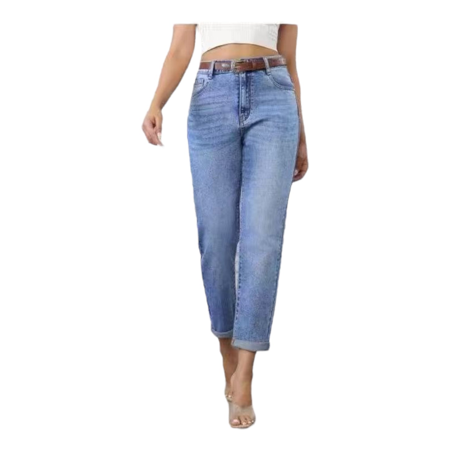 Angel Shopping Γυναικείο Jean Παντελόνι Mom Fit με Ζώνη Μπλε