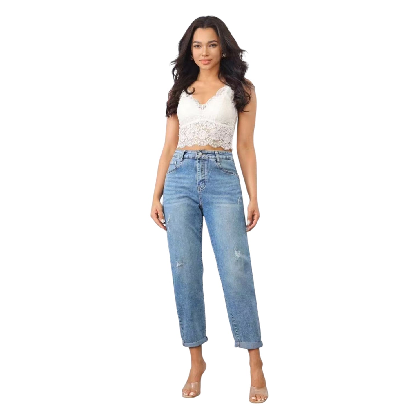 MISS GOOD Γυναικείο Jean Παντελόνι Mom Fit με Διακριτικά Σκισίματα Μπλε