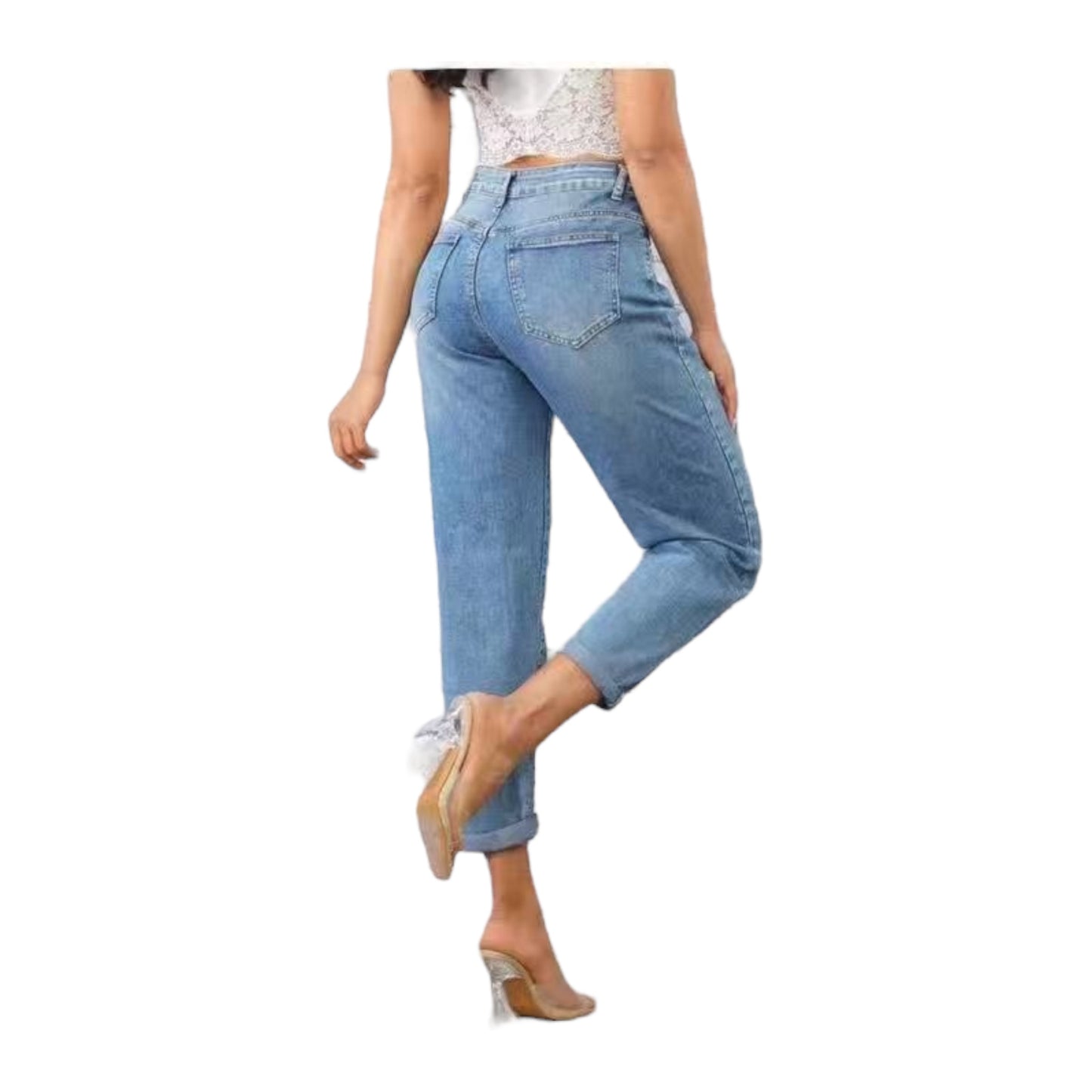 MISS GOOD Γυναικείο Jean Παντελόνι Mom Fit με Διακριτικά Σκισίματα Μπλε