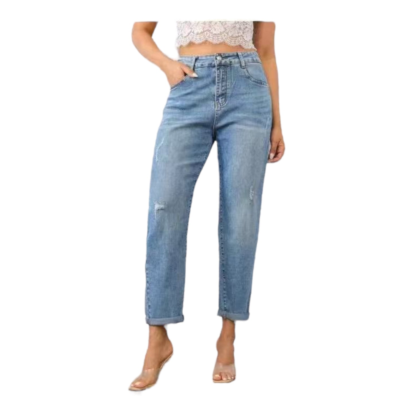MISS GOOD Γυναικείο Jean Παντελόνι Mom Fit με Διακριτικά Σκισίματα Μπλε