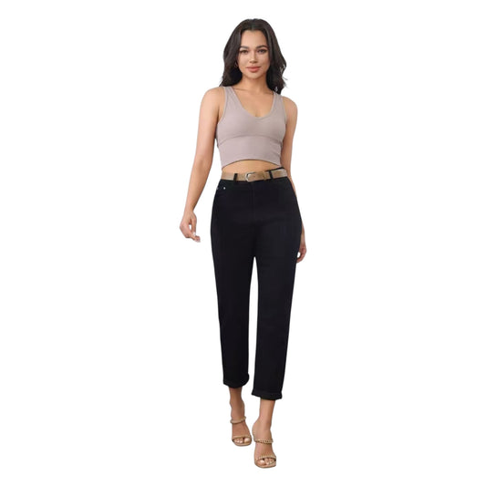 MISS GOOD Γυναικείο Jean Παντελόνι Mom Fit με Ζώνη Μαύρο