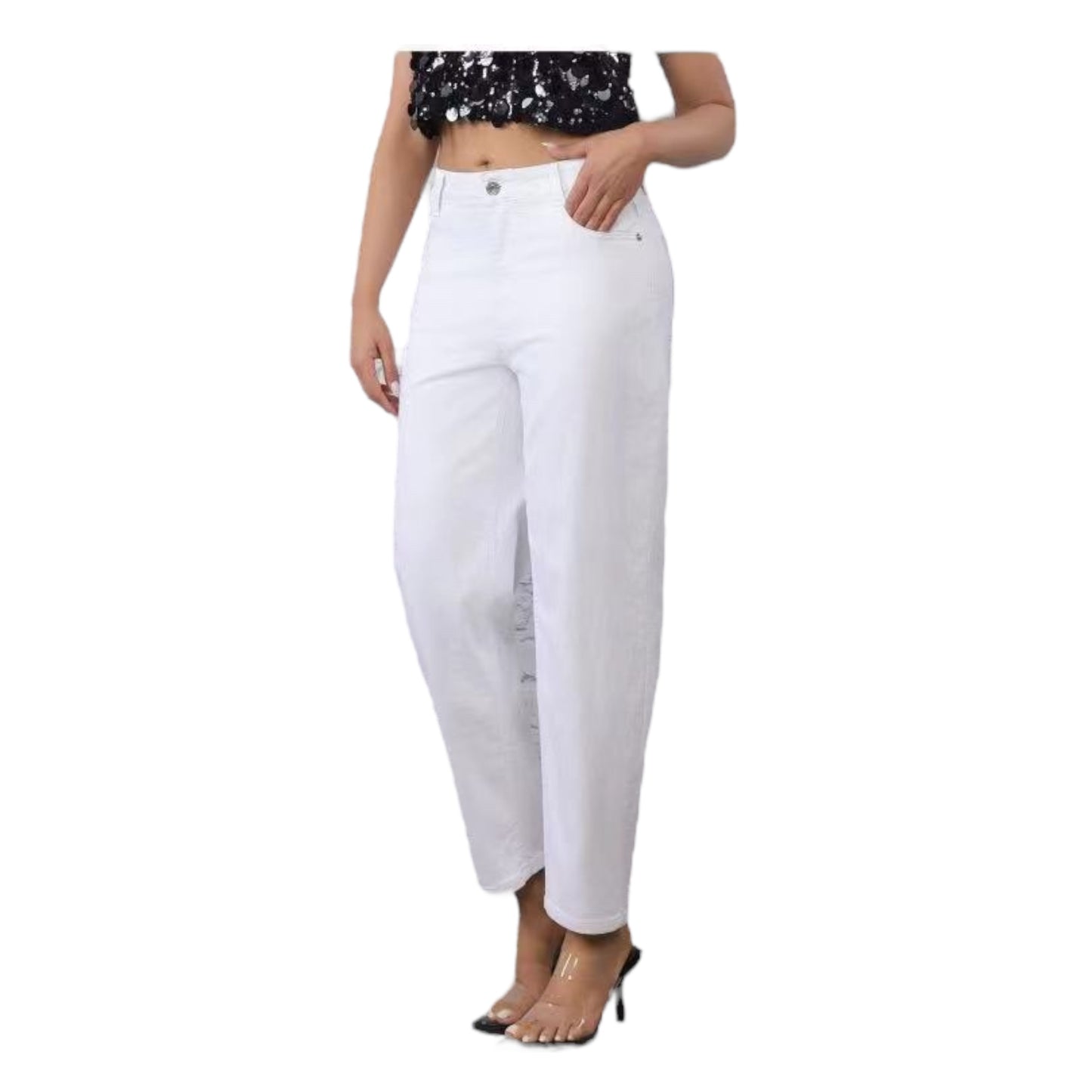 MISS GOOD Γυναικείο Ψηλόμεσο Jean Παντελόνι σε Γραμμή Balloon Λευκό