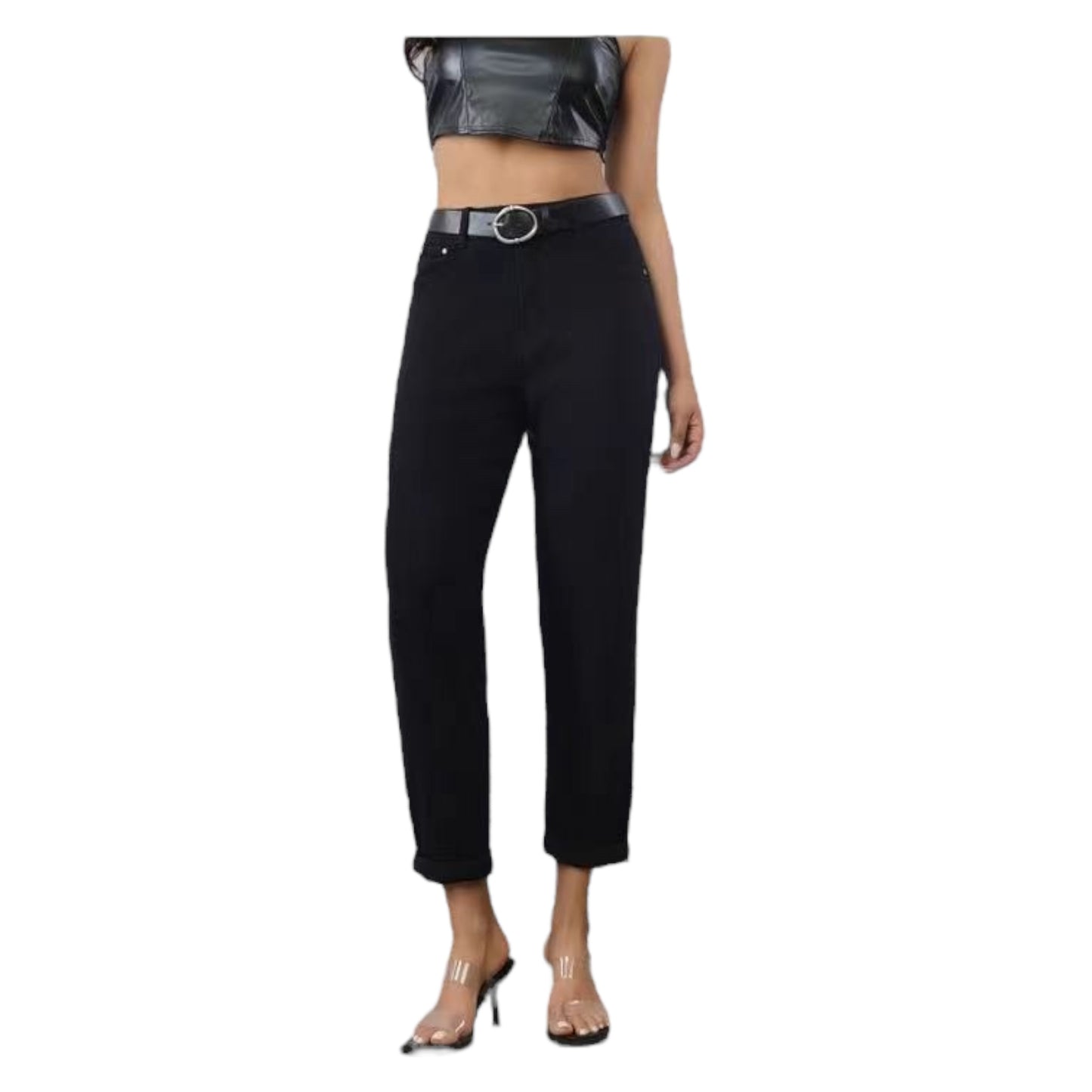 MISS GOOD Γυναικείο Ψηλόμεσο Jean Παντελόνι σε Γραμμή Mom Fit με Ζώνη Μαύρο