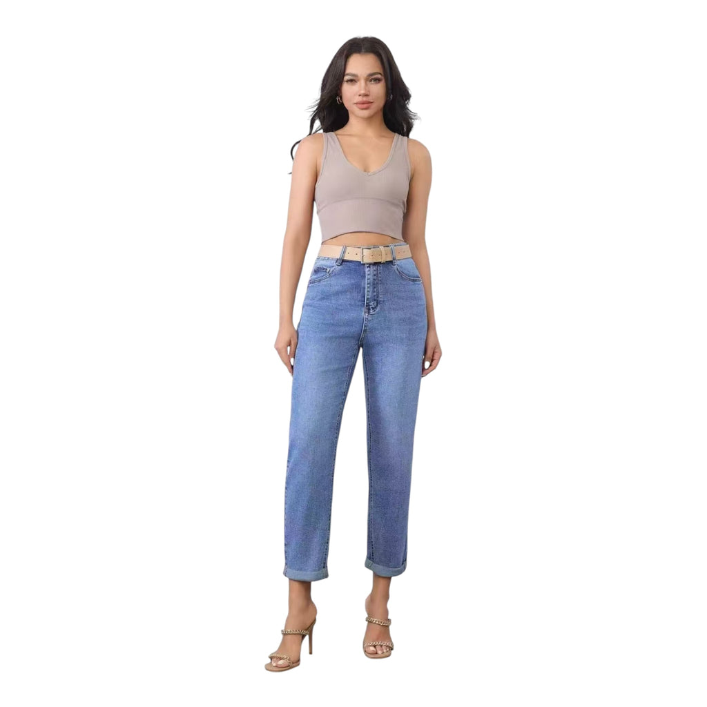 MISS GOOD Γυναικείο Jean Παντελόνι Mom Fit με Ζώνη Μπλε - Angel shopping