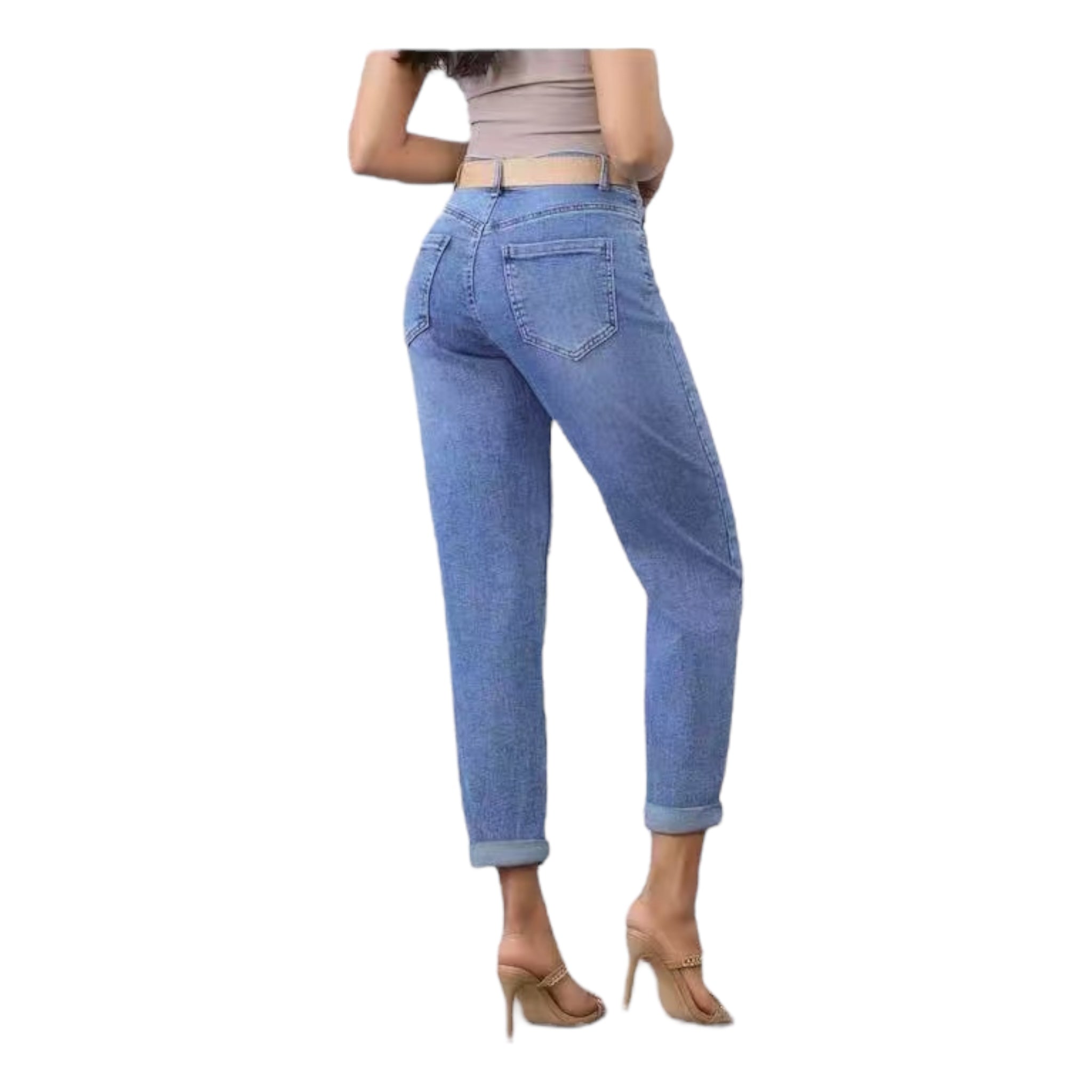 MISS GOOD Γυναικείο Jean Παντελόνι Mom Fit με Ζώνη Μπλε - Angel shopping