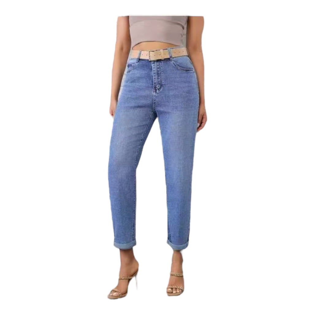 MISS GOOD Γυναικείο Jean Παντελόνι Mom Fit με Ζώνη Μπλε - Angel shopping
