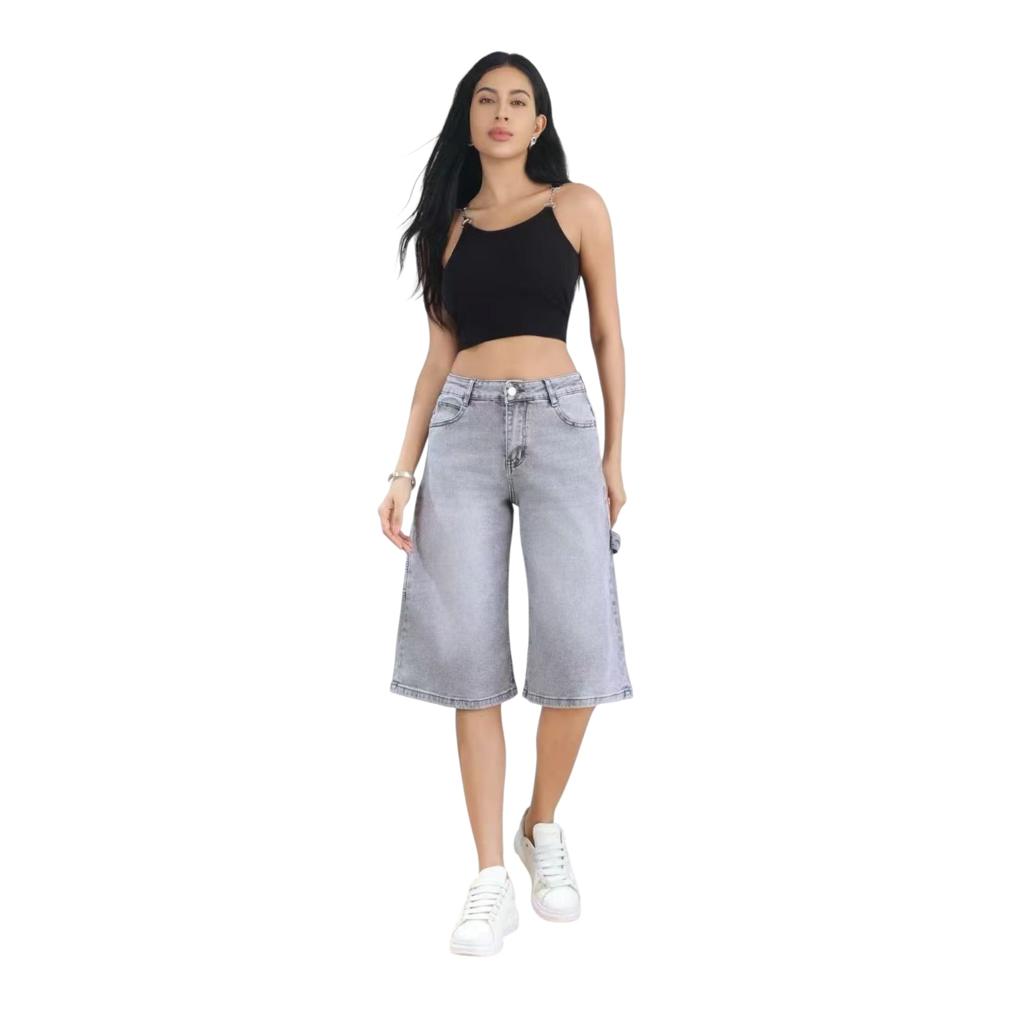 MISS GOOD Γυναικεία Denim Βερμούδα σε Ίσια Γραμμή Γκρί - Angel shopping