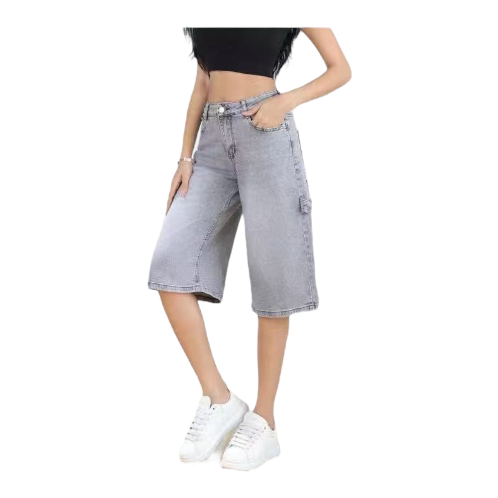 MISS GOOD Γυναικεία Denim Βερμούδα σε Ίσια Γραμμή Γκρί - Angel shopping